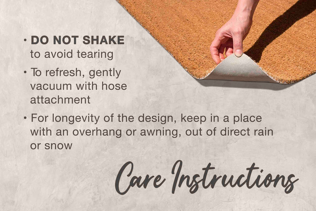 a hand holding a piece of carpet, with text providing care instructions for the carpet.