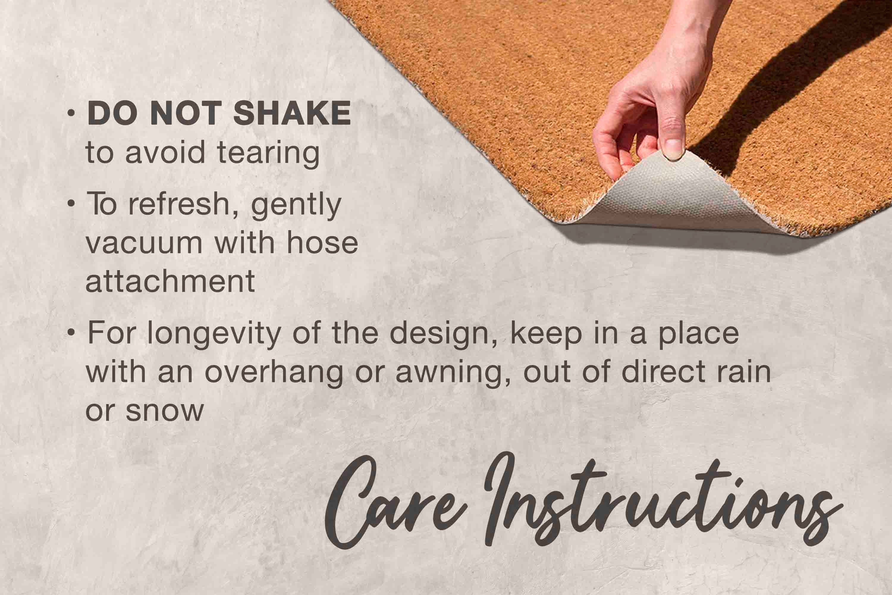 a hand holding a piece of carpet, with text providing care instructions for the carpet.