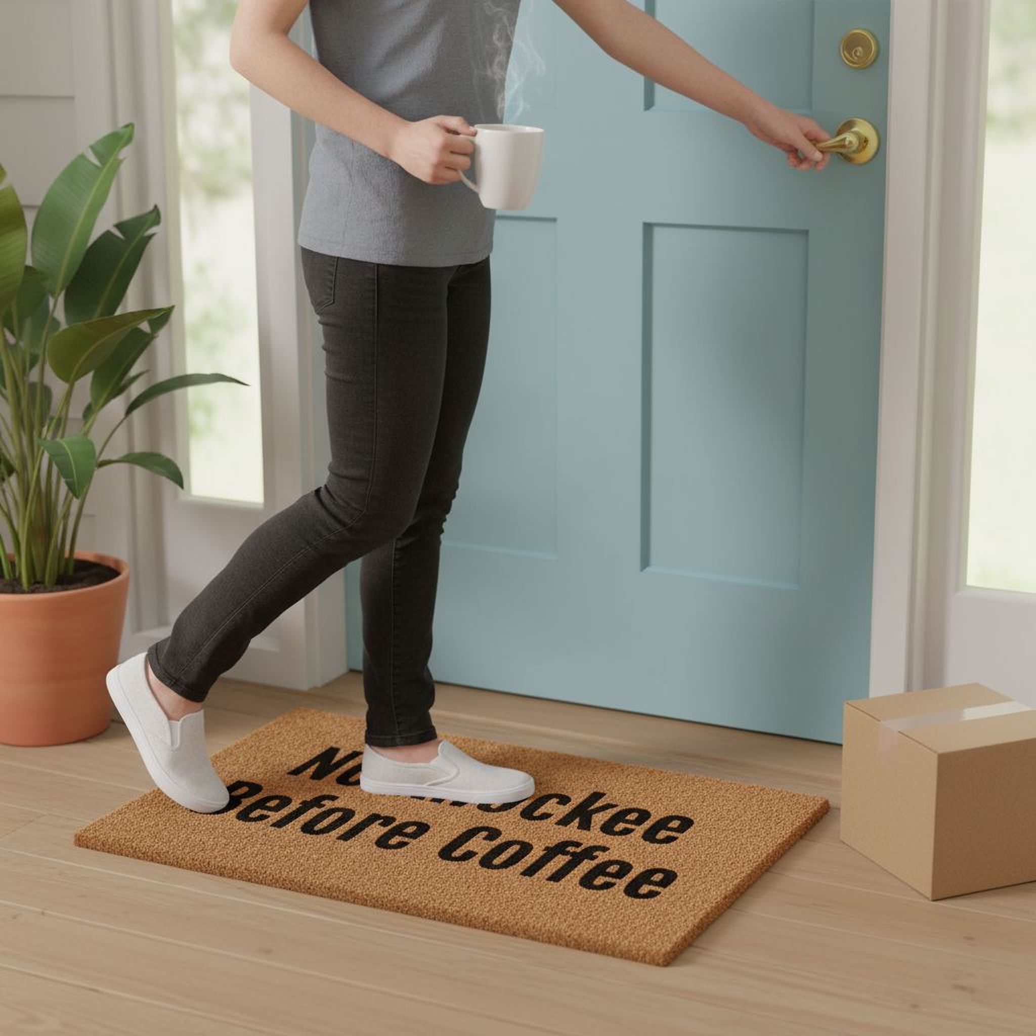 A person wearing a gray shirt and black pants is holding a white mug and stepping onto a door with a mat that says "Naps Before Coffee".