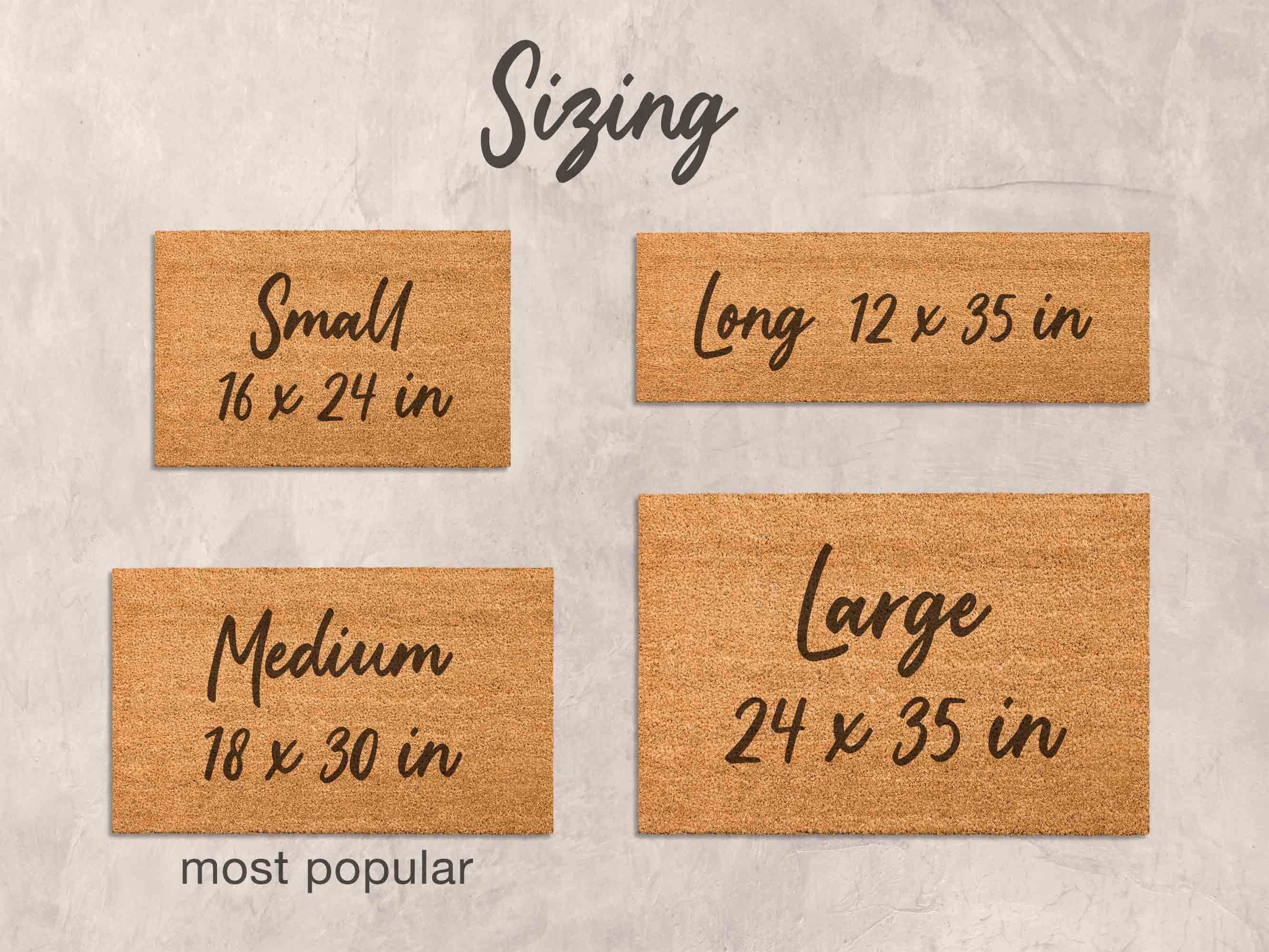 four different sizes of rectangular door mats, each with a corresponding text indicating the size in inches.
