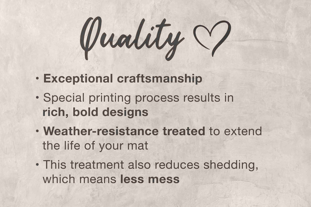 a text that describes the quality of a product, highlighting its exceptional craftsmanship, special printing process, weather-resistance treatment, and the benefits of this treatment in terms of extending the life of the mat and reducing shedding.