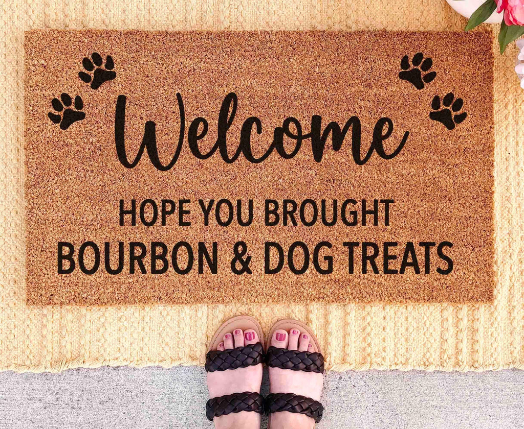 Dog Door Mat: Funny Bourbon & Treats Welcome (Natural Fiber)