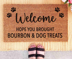 Dog Door Mat: Funny Bourbon & Treats Welcome (Natural Fiber)