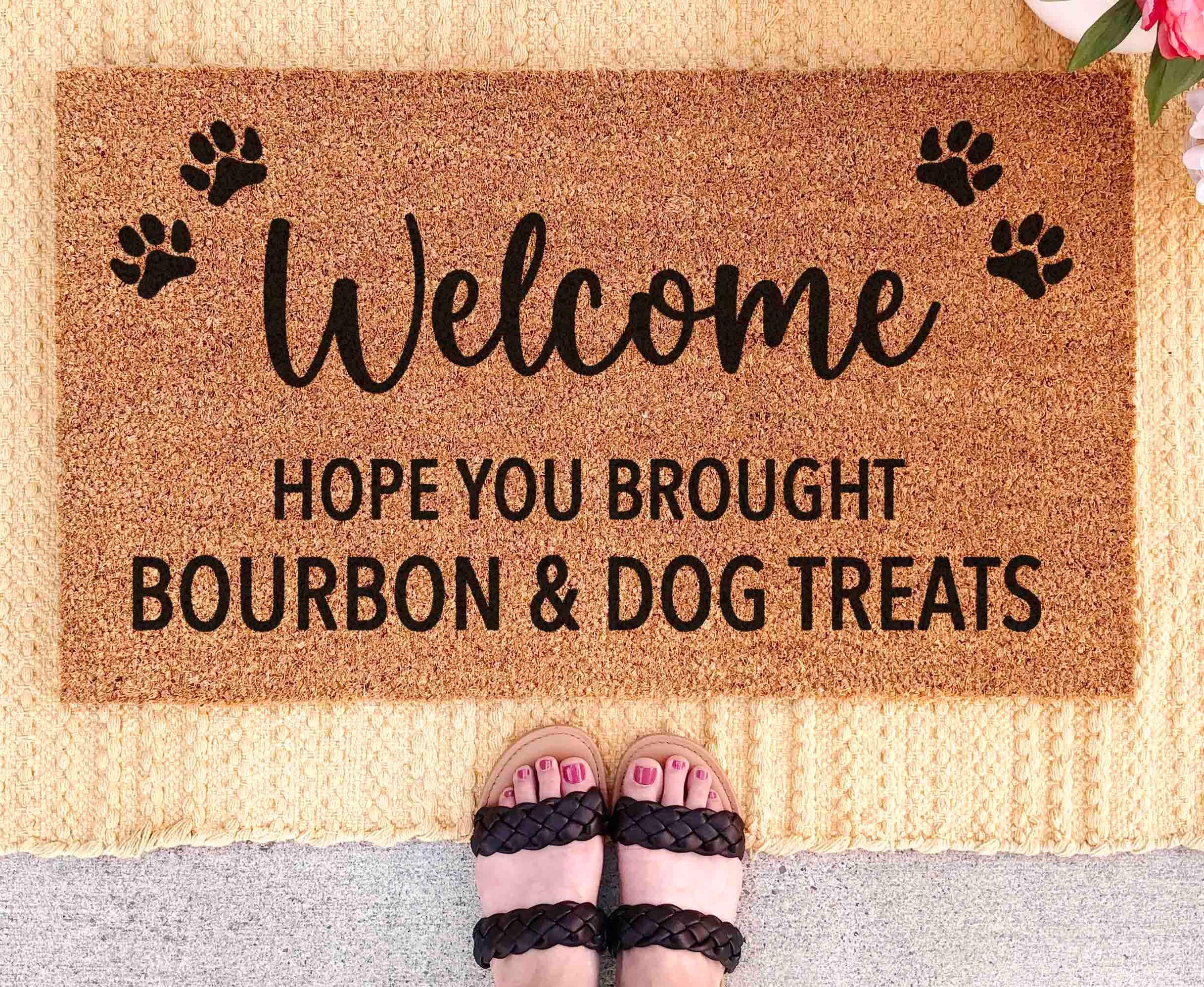 Dog Door Mat: Funny Bourbon & Treats Welcome (Natural Fiber)