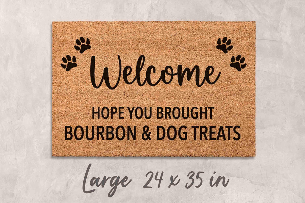 Dog Door Mat: Funny Bourbon & Treats Welcome (Natural Fiber)