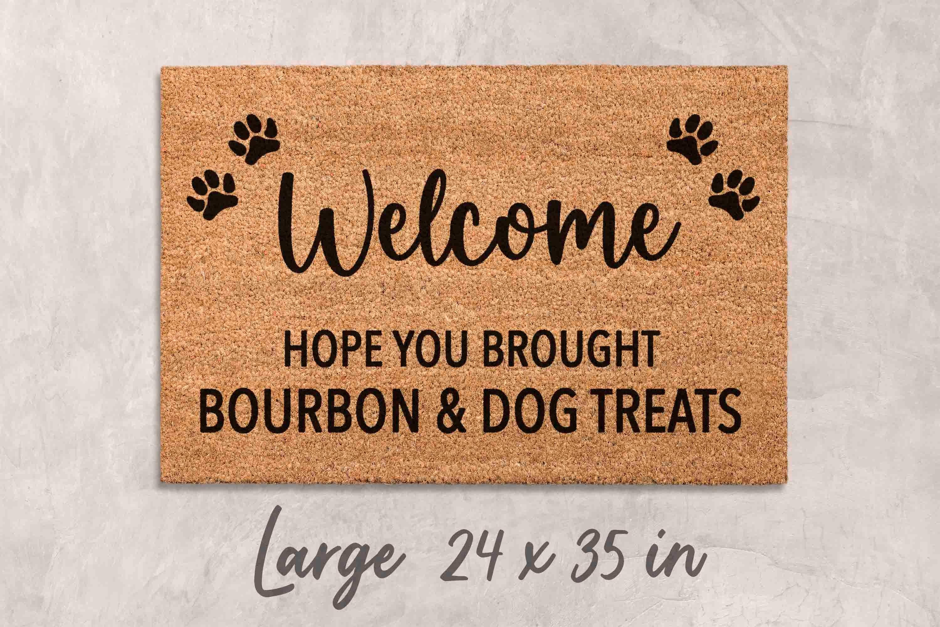 Dog Door Mat: Funny Bourbon & Treats Welcome (Natural Fiber)