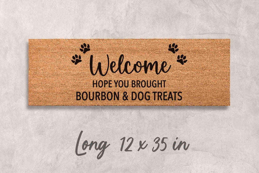 Dog Door Mat: Funny Bourbon & Treats Welcome (Natural Fiber)