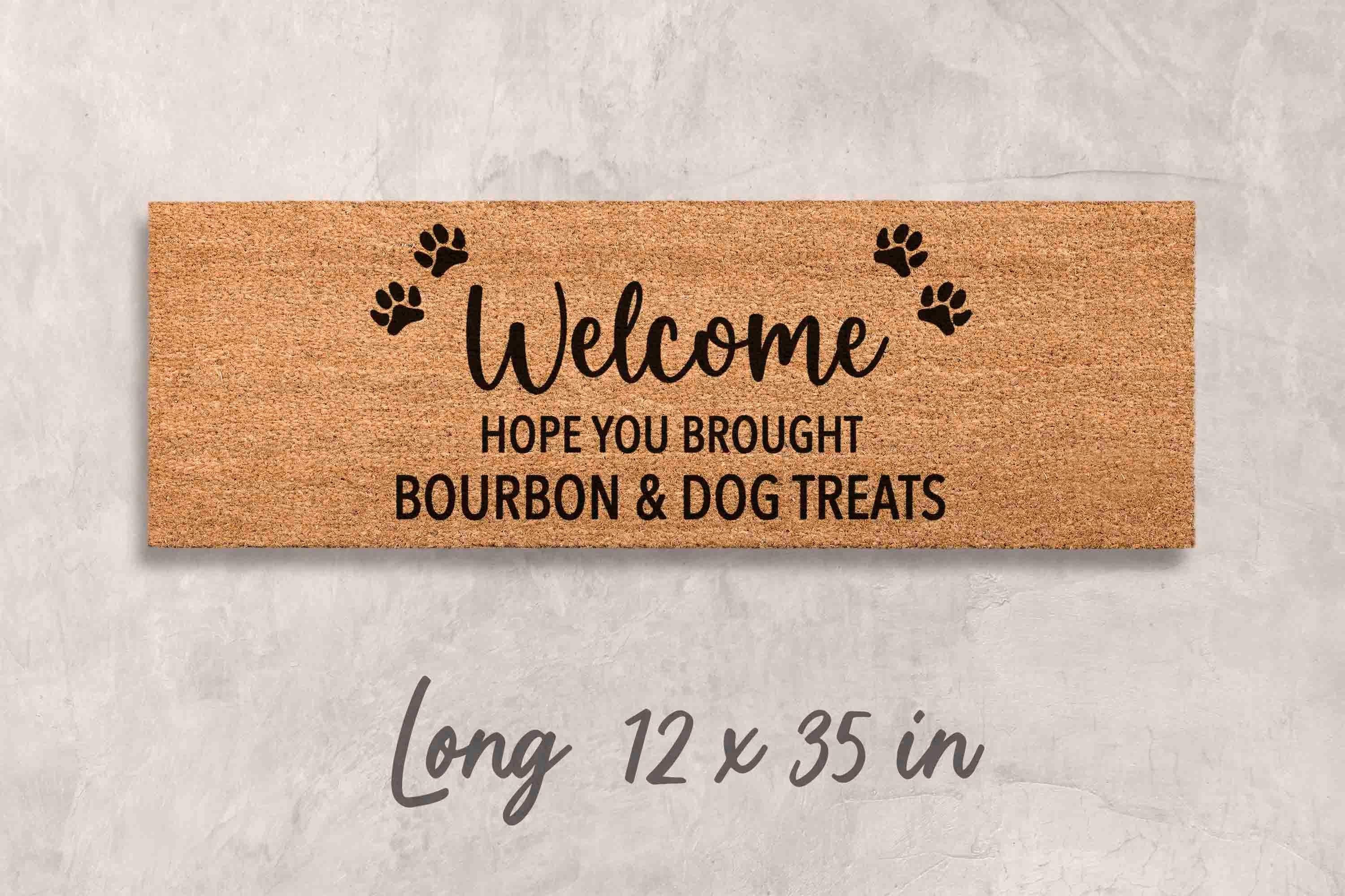 Dog Door Mat: Funny Bourbon & Treats Welcome (Natural Fiber)