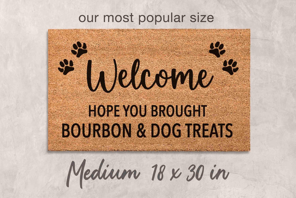 Dog Door Mat: Funny Bourbon & Treats Welcome (Natural Fiber)