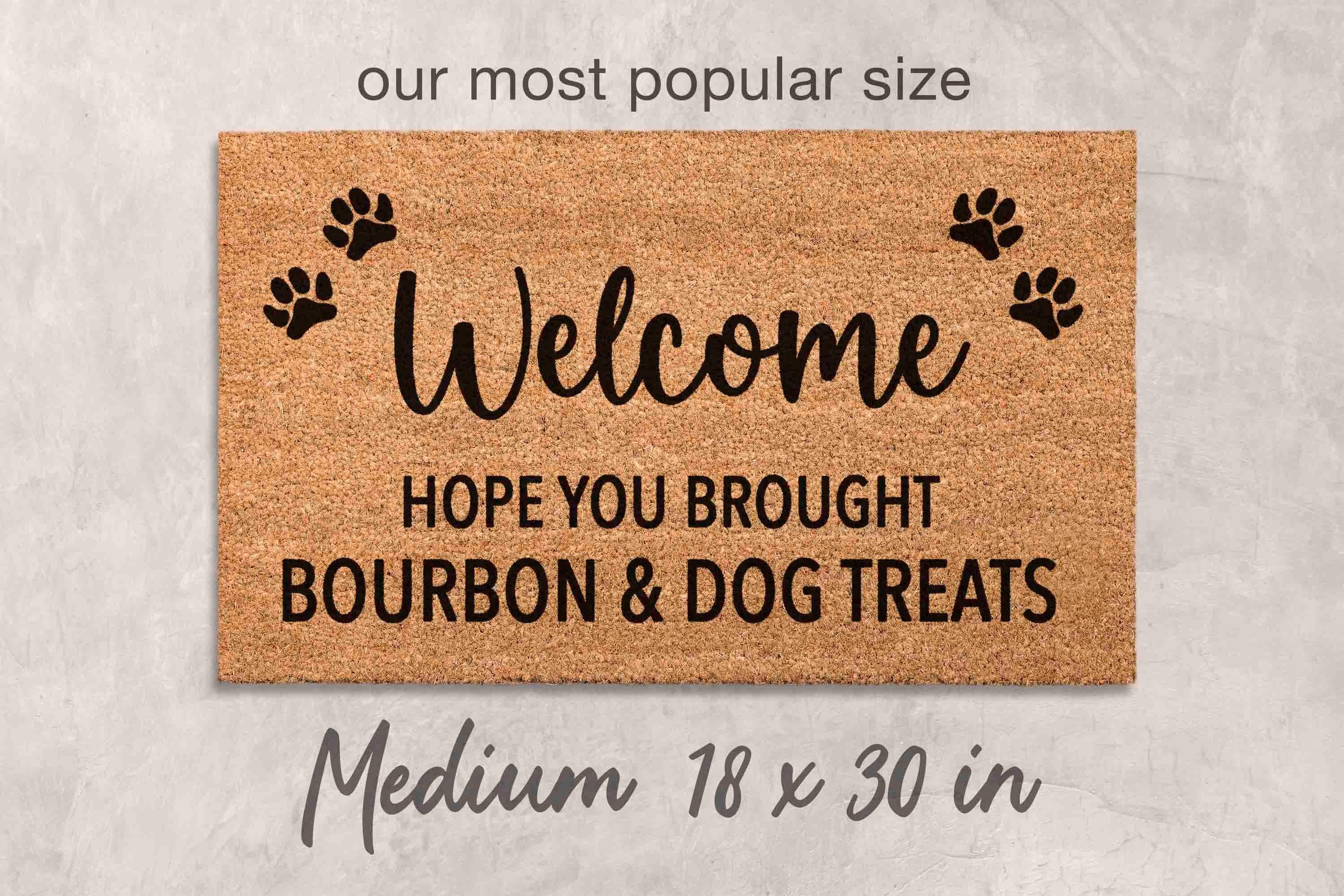 Dog Door Mat: Funny Bourbon & Treats Welcome (Natural Fiber)