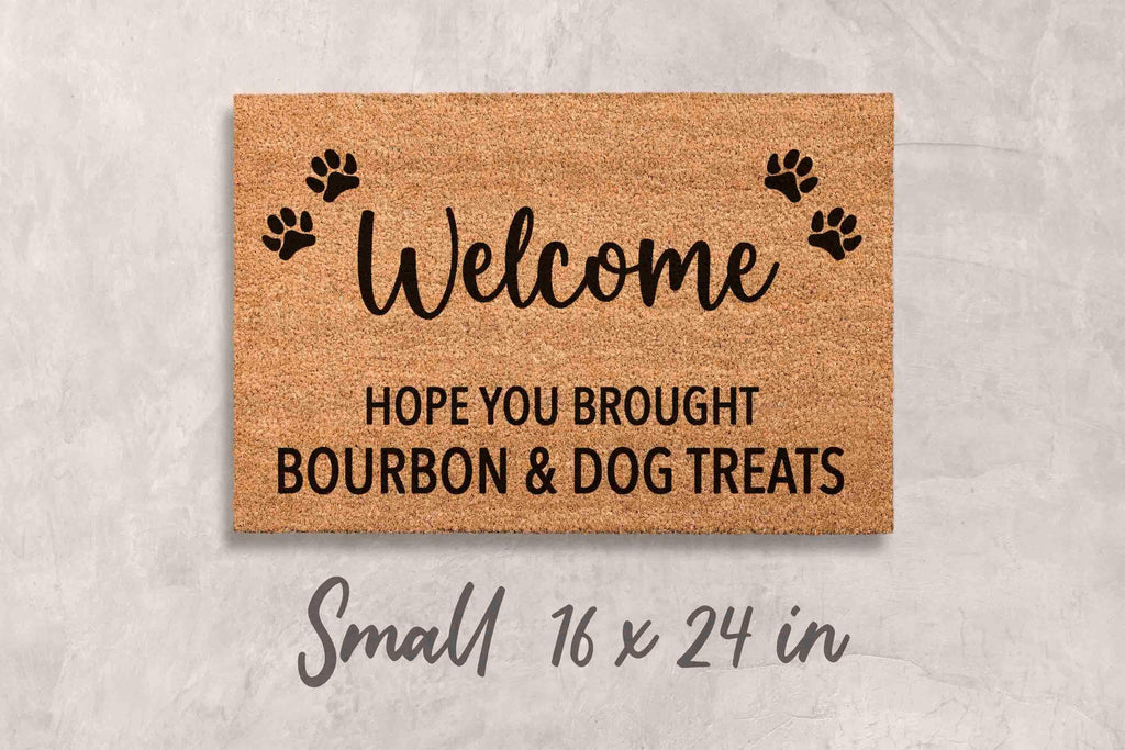 Dog Door Mat: Funny Bourbon & Treats Welcome (Natural Fiber)