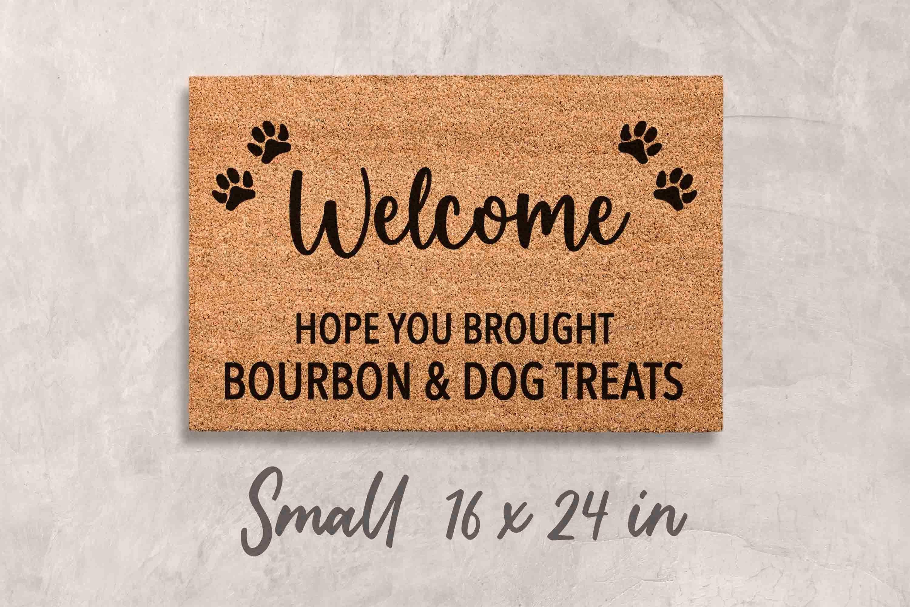 Dog Door Mat: Funny Bourbon & Treats Welcome (Natural Fiber)