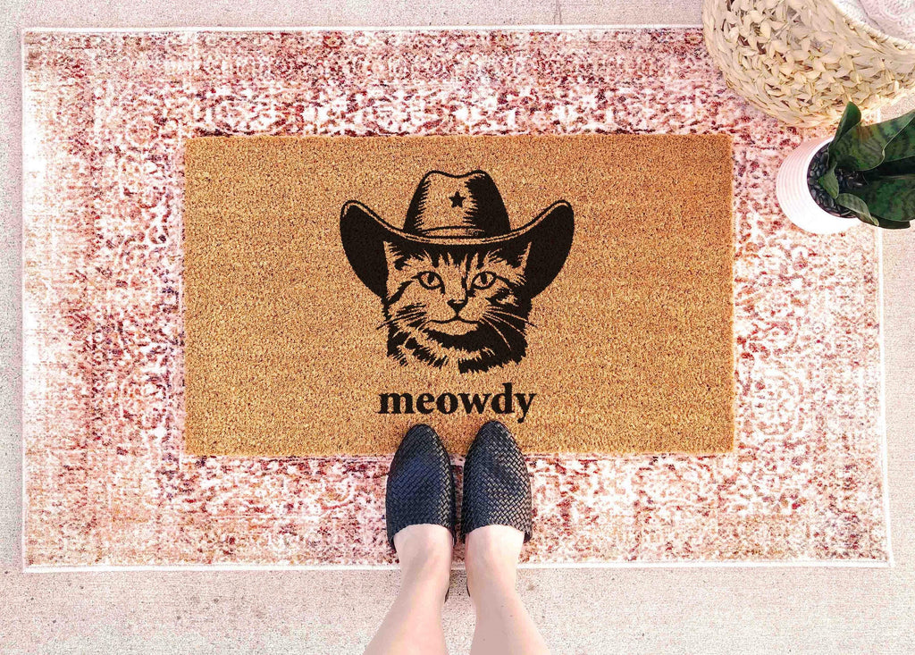 Funny Cat Doormat Meowdy, Natural Coir (Latex Backing - Welcome Mat)