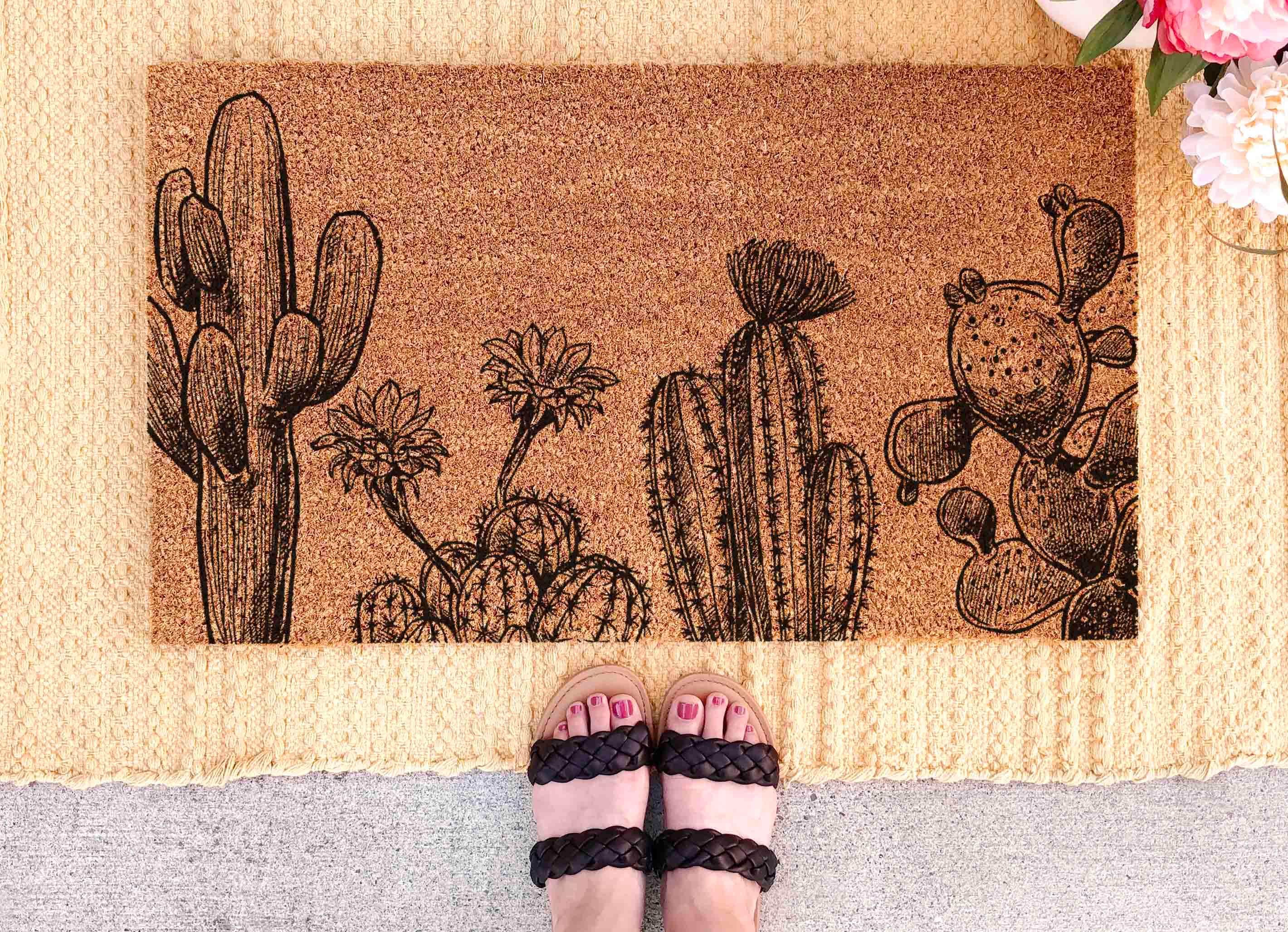 Desert Cactus Doormat: Floral Southwest Design (Natural Coir)